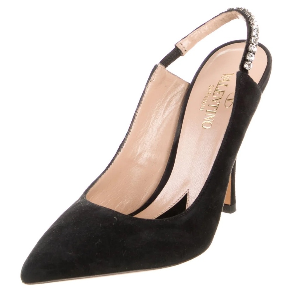 Valentino Suede Crystal Embellishments Slingback Pumps - Picture 2 of 9